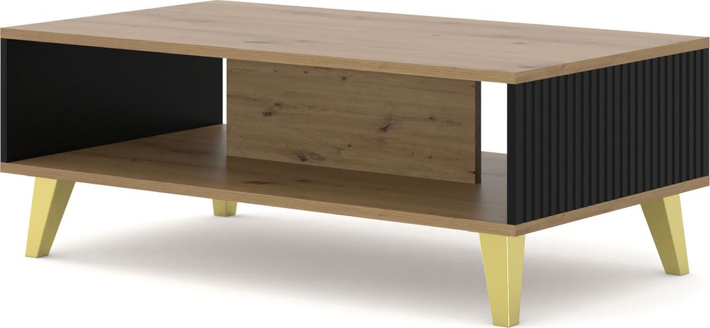 Couchtisch RAVENNA B 90x60 cm ARTISAN EICHE / SCHWARZ MATT mit goldenen Beinen Kaffeetisch Beistelltisch Wohnzimmertisch