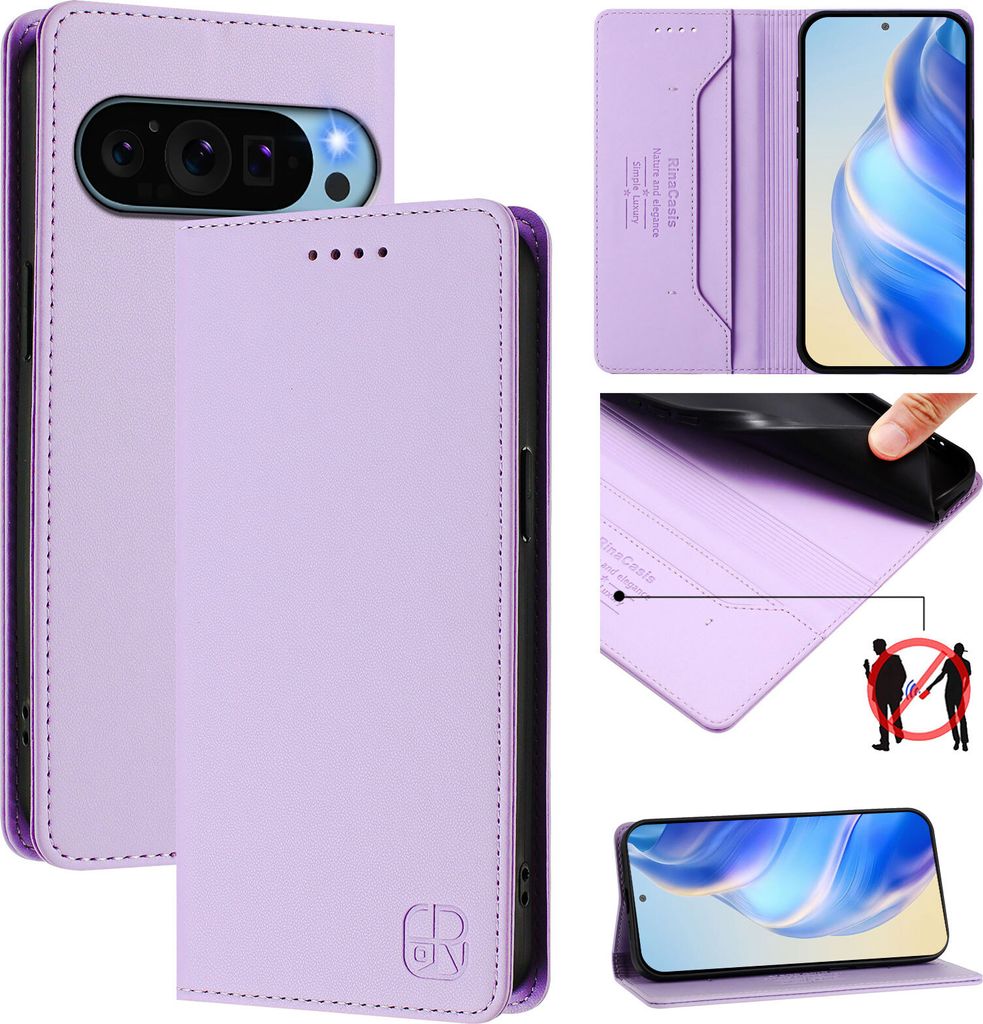Lederhülle für Google Pixel 9 Pro XL Hülle Flip Brieftasche Kartenfächern Ständer Schutzhülle Violett