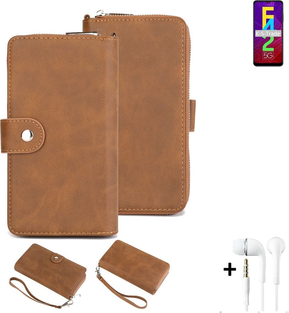 K-S-Trade Handy Schutz Hülle kompatibel mit Samsung Galaxy F42 5G + Kopfhörer Portemonnee Tasche Wallet-Case Bookstyle-Etui braun (1x)