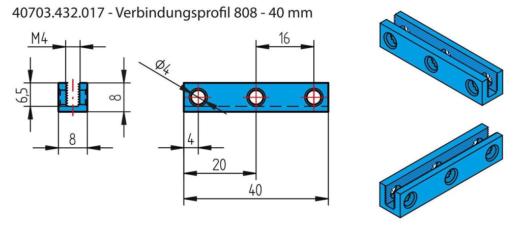 Makeblock Verbindungsprofil 0808, Aluminium eloxiert, M4-Gewindeverzahnung, 8x8 mm - Länge: 40 mm-B