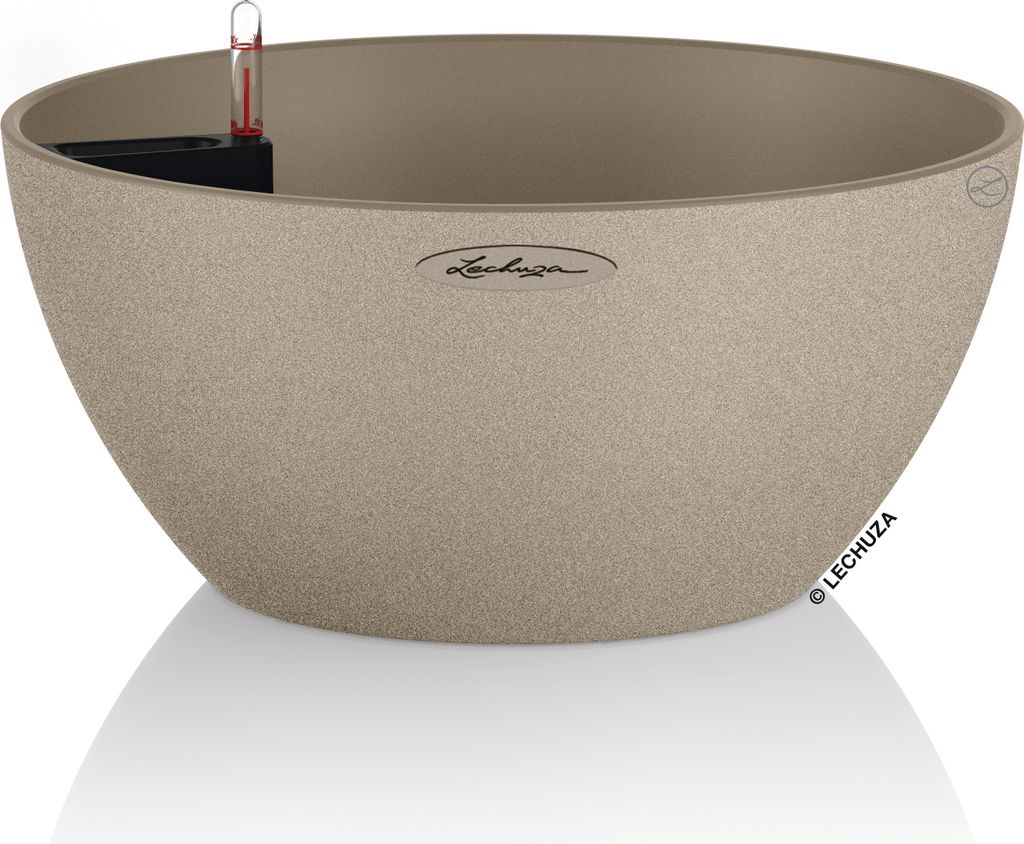 LECHUZA-Pflanzgefäß CUBETO Stone 30 Sandbeige | Pflanzschale mit Bewässerungssystem und Pflanzeinsatz | Naturstein-Optik | Ø 30 x 13,5 cm | 13831