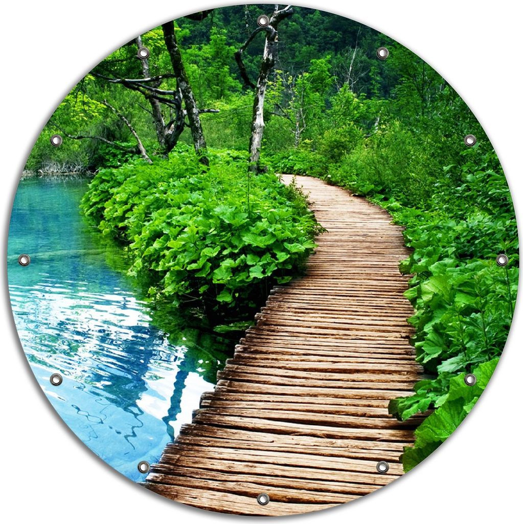 Wallario rundes Outdoor-Poster für Garten oder Balkon, Motiv Holzweg im Wald, 90 cm Durchmesser