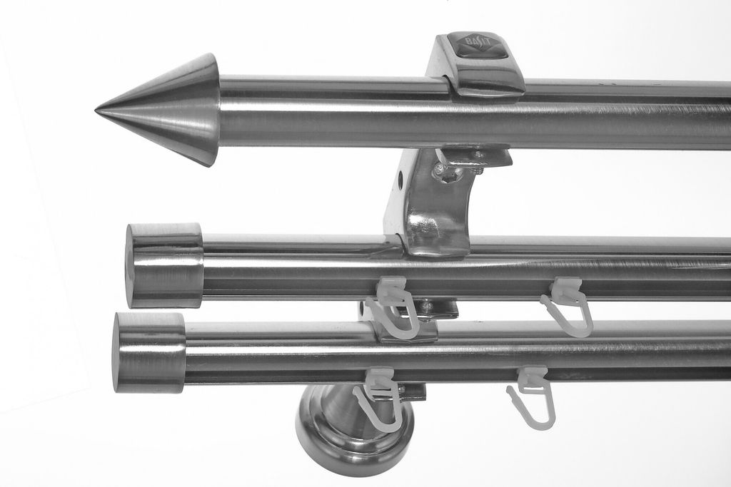 Rohr + 2 x Innenlauf Edelstahl Look Gardinenstange 20mm Wandträger 3-läufig mit Spitze H60 E31E30 RI+ 1x B20I
