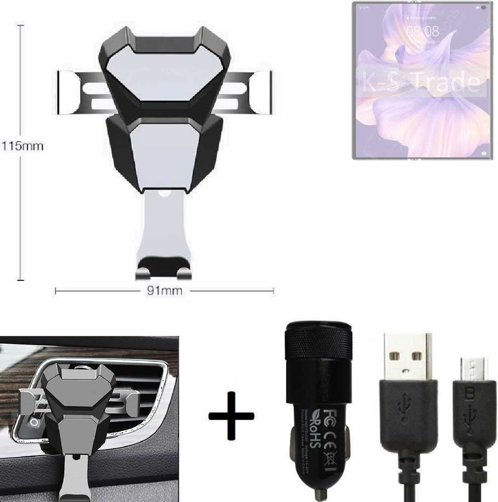 K-S-Trade KFZ Halterung kompatibel mit Huawei Mate Xs 2 Halterung Lüftungshalterung Lüftungsschlitz schwarz-silber Autohalterung Handy inkl. KFZ
