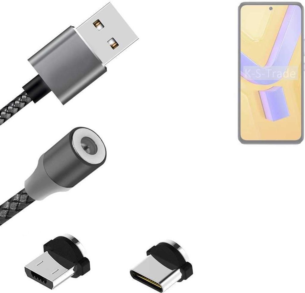 K-S-Trade Hochwertiges Magnet-Lade-kabel Sync-Kabel Daten-Kabel für Vivo Y100 5G mit USB-Typ-C-Anschluss und Micro-USB-Anschluss 2A bis zu 480mbps