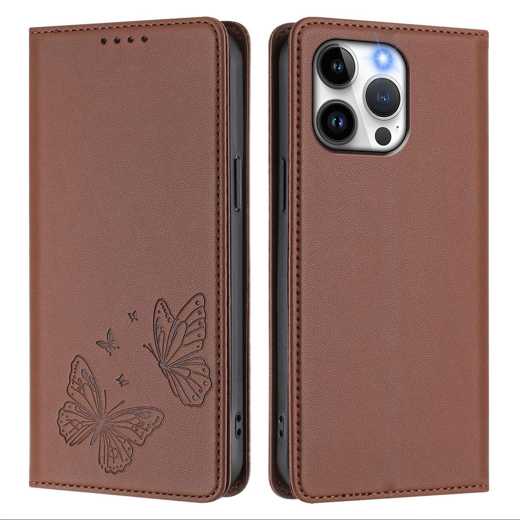 Lederhülle für iPhone 14 Pro Max, Schmetterling Prägung Leder Brieftasche Schutzhülle mit Ständer Braun