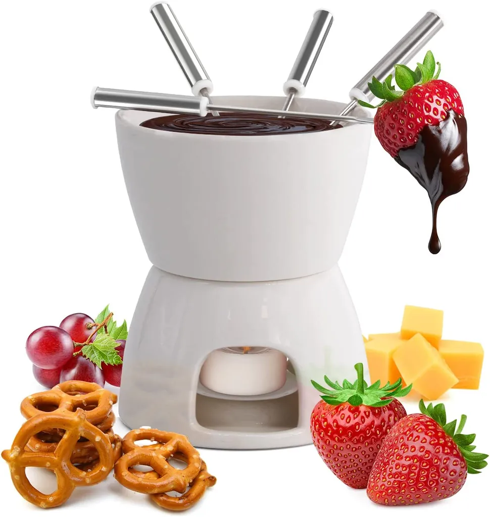 Appareil à Fondue Chocolat Individuel Céramique Blanche avec Fourchettes