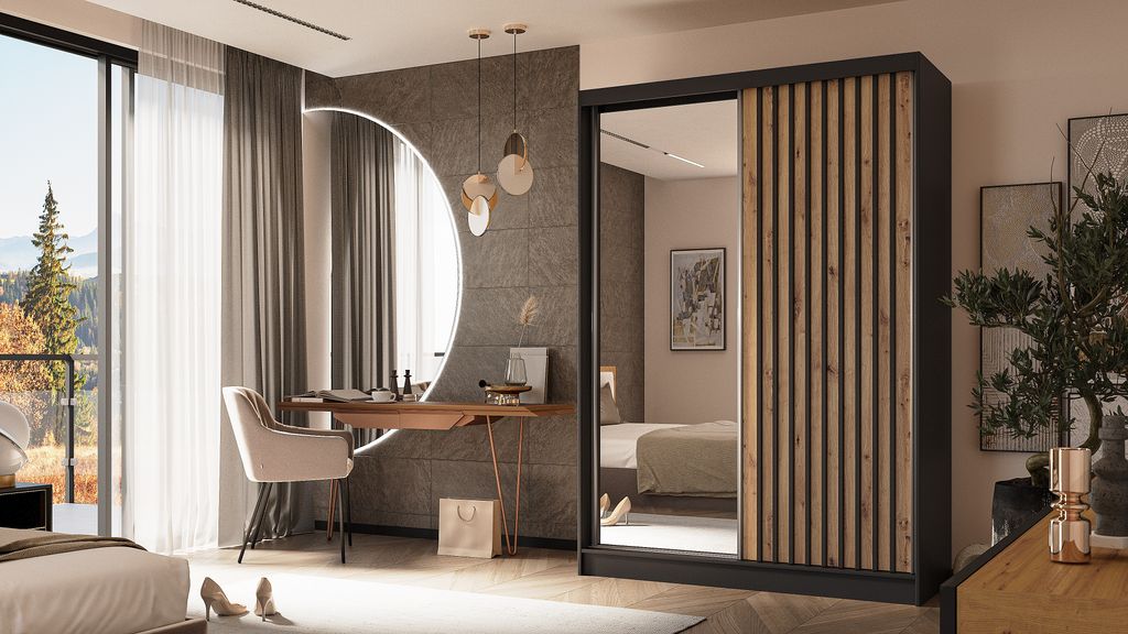 ALTDECOR Kleiderschrank mit Spiegel und Schiebetüren, kugelgelagerte Führungsschienen und Aluminium-Leisten, LED-Beleuchtung (weiß + 16 Farben) ...