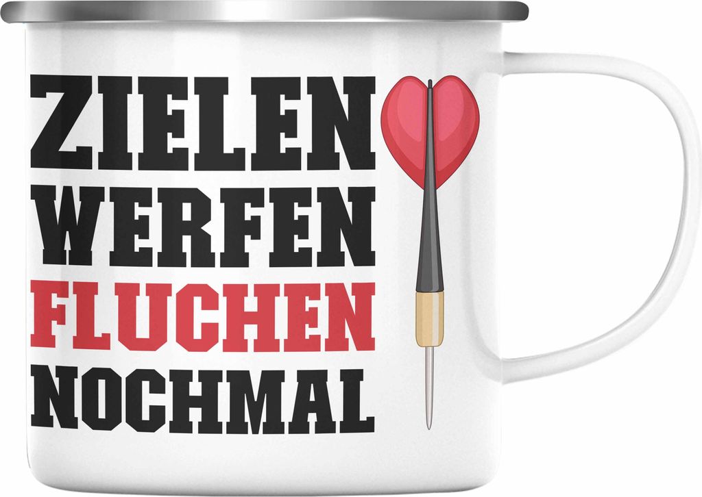 Trendation - Dart Emaille Tasse Dartpfeil Zielen Werfen Fluchen Nochmal Spruch Männer Dart-Spieler Geschenkidee (Silber)