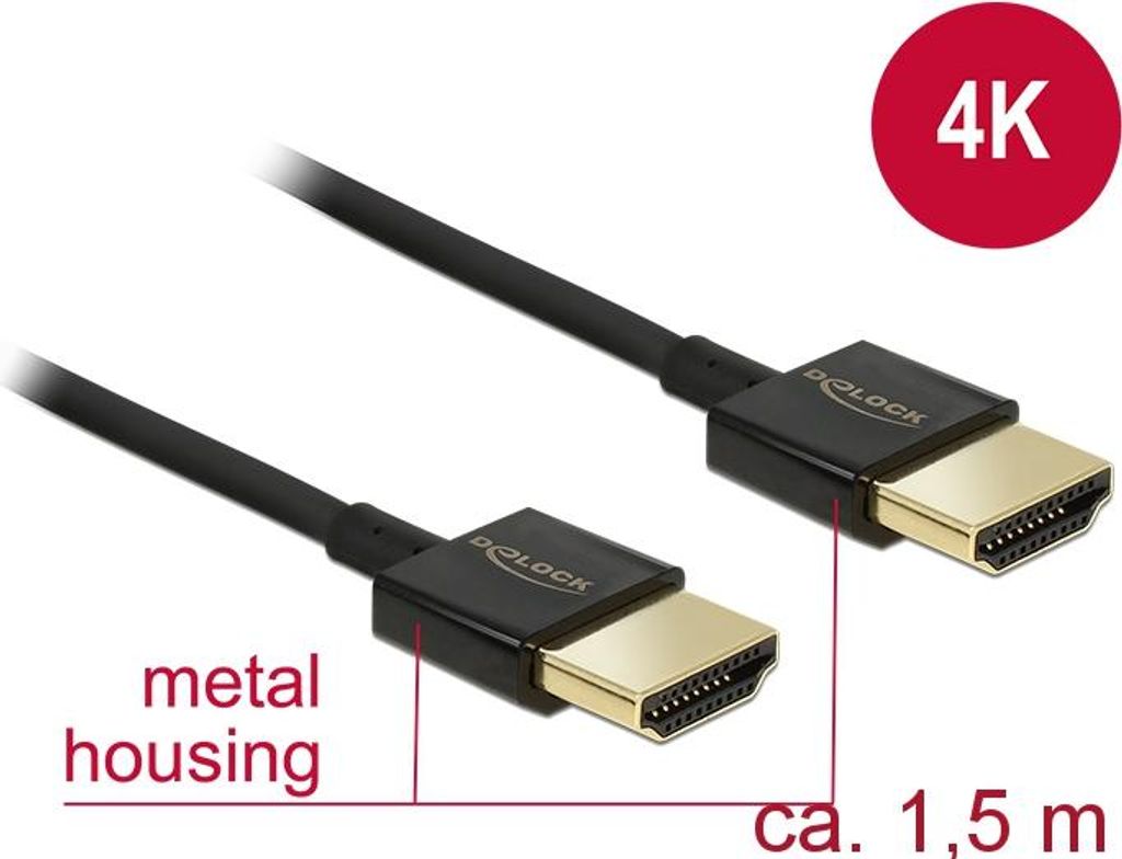 Delock Slim Premium - HDMI-Kabel mit Ethernet - HDMI männlich zu HDMI männlich - 1.5 m - Dreifachisolierung - Schwarz - 4K Unterstützung
