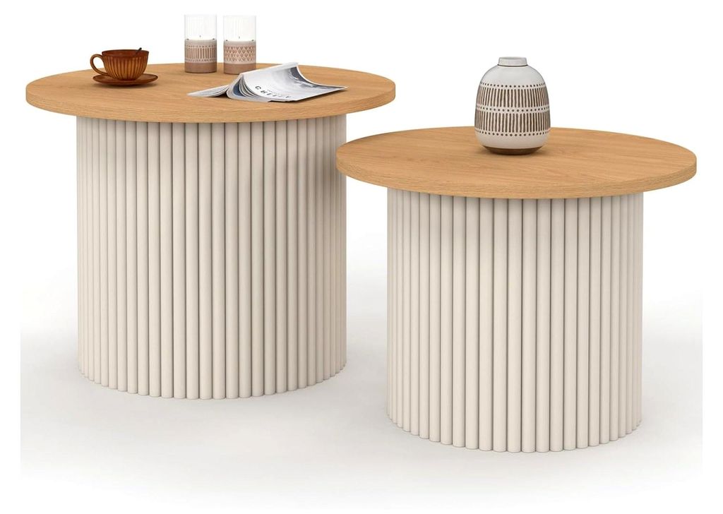 2 runde Couchtische Kanel, 40/45 cm, geriffelt, Beige und Holzplatte