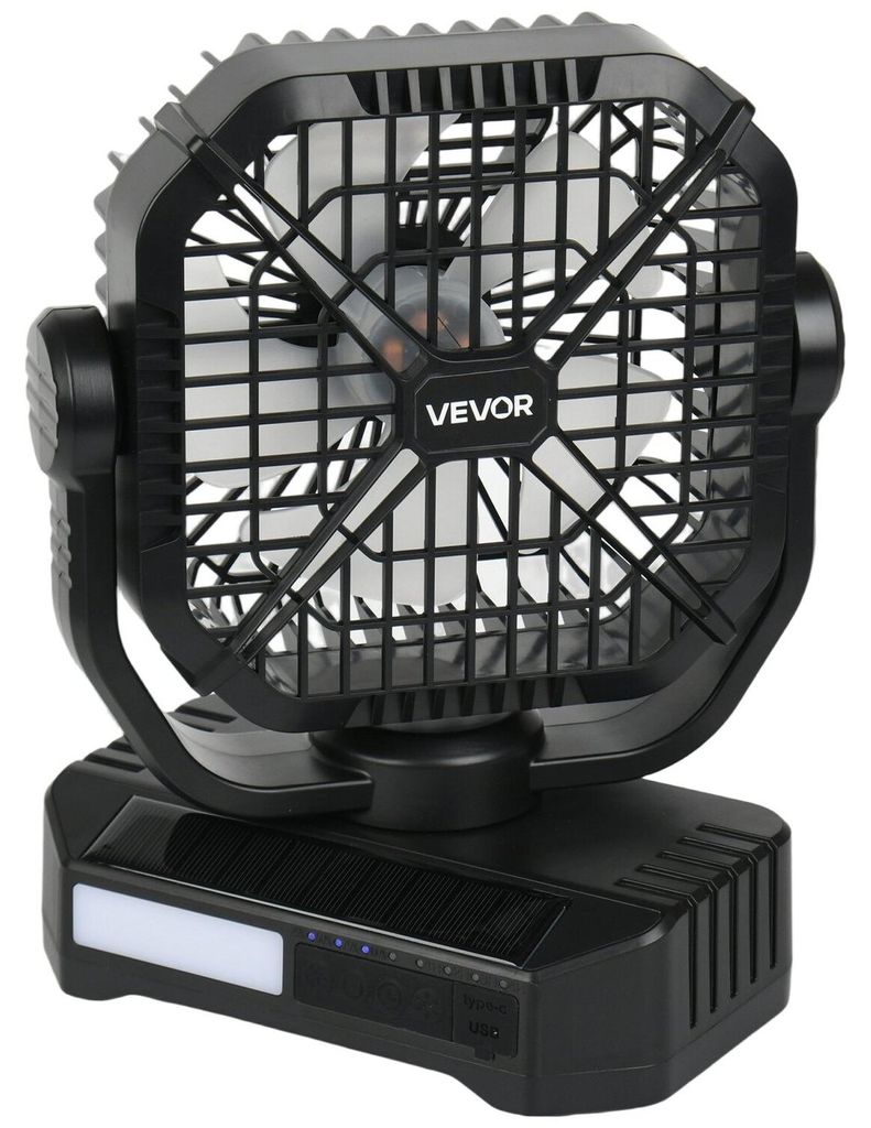 10400-mAh-Solarventilator, Campingventilator mit Solarpanel und LED-Laterne, 7 W, 20 cm, tragbar, wiederaufladbar, batteriebetrieben für den Auße...