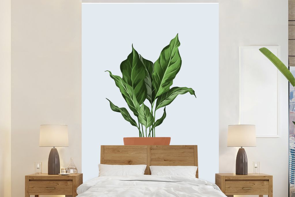 MuchoWow Fototapete für Wohnzimmer oder Schlafzimmer Wandtapete Vinyl Motivtapete Pflanzen - Pflanzgefäß - Pastell - 195x300 cm - Das Hintergr...
