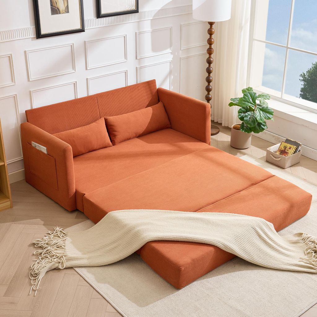 LVHOM Schlafsofa Ausziehbar 2-Sitzer Cord, Bettsofa mit Schlaffunktion & Seitentaschen, Gästebett Klappsofa inkl. 2 Kissen, 165 x 92 x 82 cm, Orange