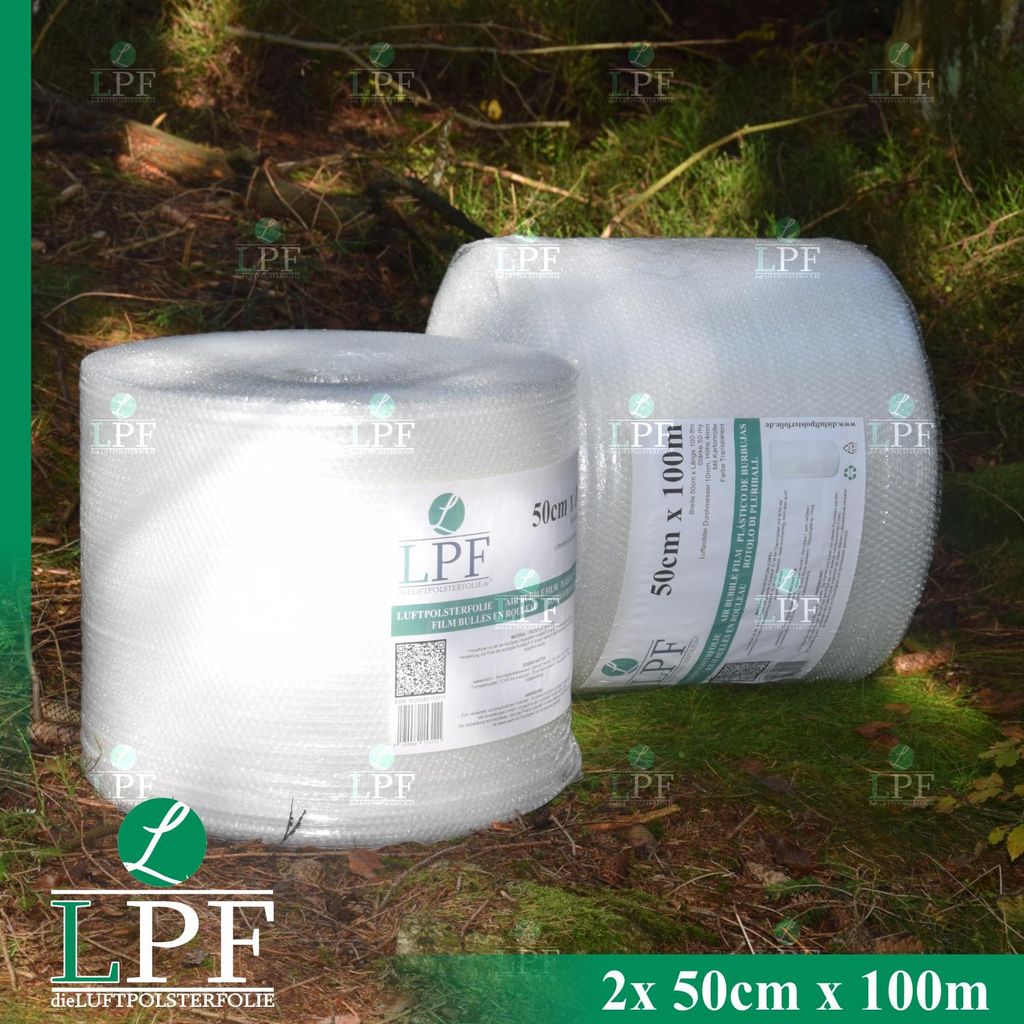 2x Rollen Luftpolsterfolie Breite 50cm x Länge 100m / Versandfolie, Polsterfolie, Noppenfolie, Verpackungsmaterial