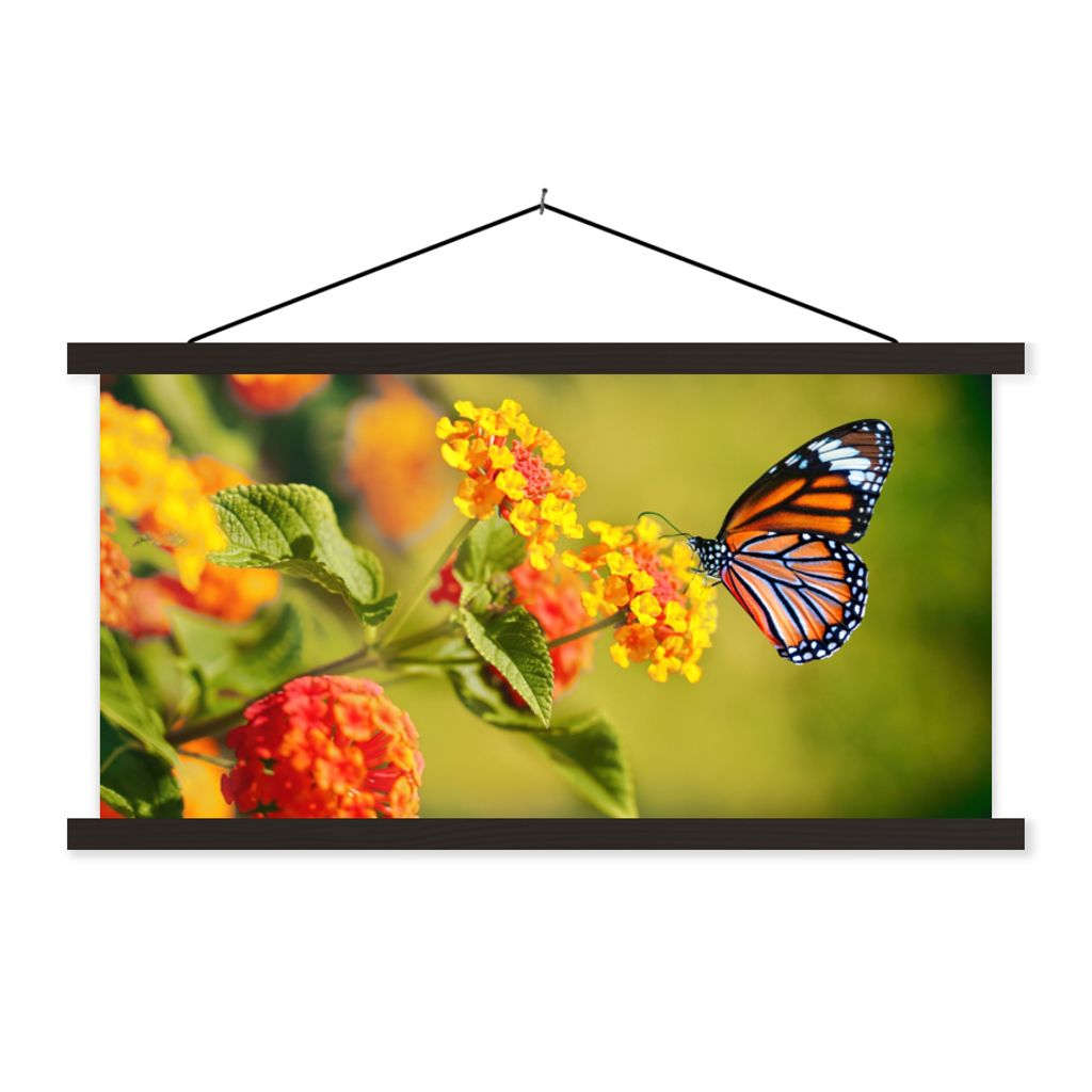 MuchoWow Textilposter Schmetterling - Insekten - Blumen - Gelb 90x45 cm mit schwarzem Rahmen - Klemmleisten