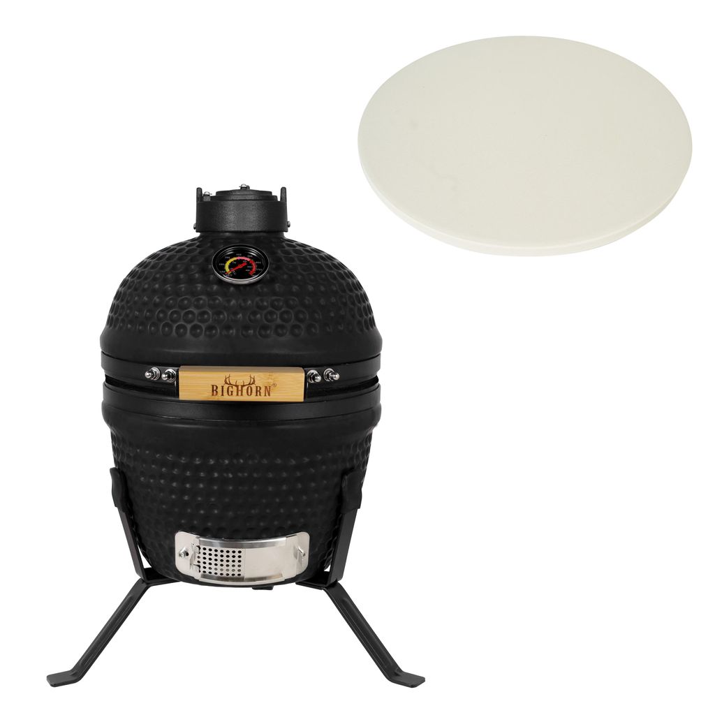 BIGHORN Keramik Kamado BBQ 27 cm – Mattschwarz – 13-Zoll-Holzkohlegrill – inklusive Pizzastein
