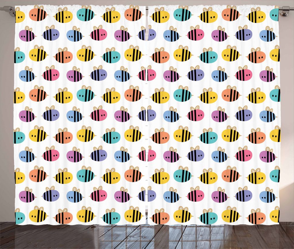 ABAKUHAUS Biene Rustikaler Gardine, Bunte fliegende Biene Skizze, Schlafzimmer Kräuselband Vorhang mit Schlaufen und Haken, 280 x 225 cm, Mehrfarbig