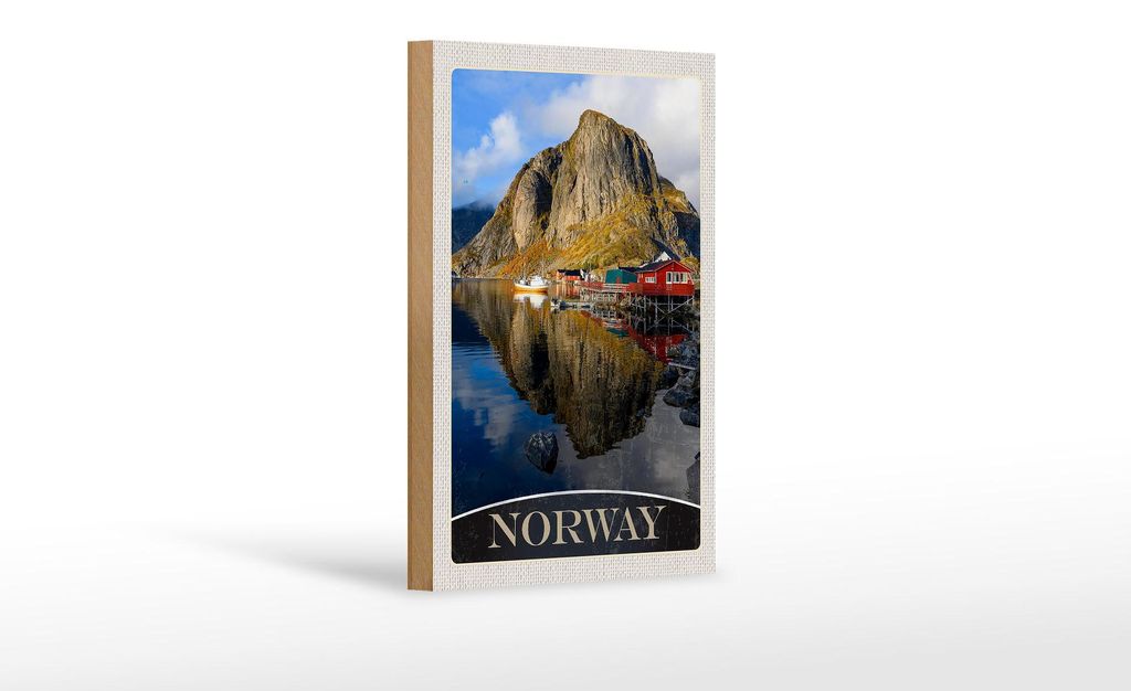 Holzschild Reise 12x18 cm Norwegen Europa See Häuser Boote Trip