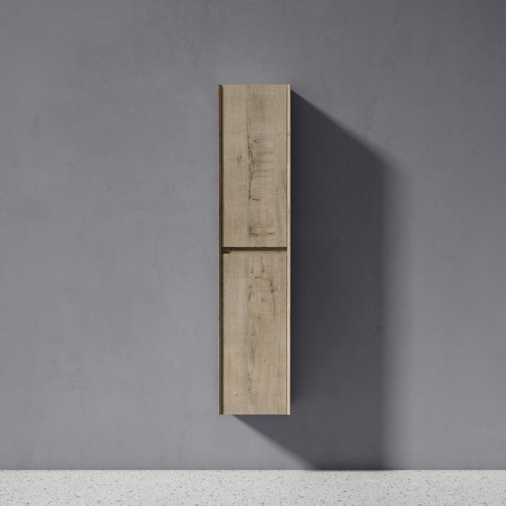 A tall, narrow cabinet with a wood grain finish is mounted on a gray wall.
