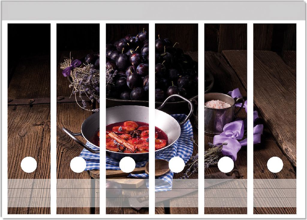 Wallario Ordnerrücken Sticker, selbstklebend für breite Ordner, 6 Stück, Motiv Frisches Pflaumenkompott mit Gewüzen