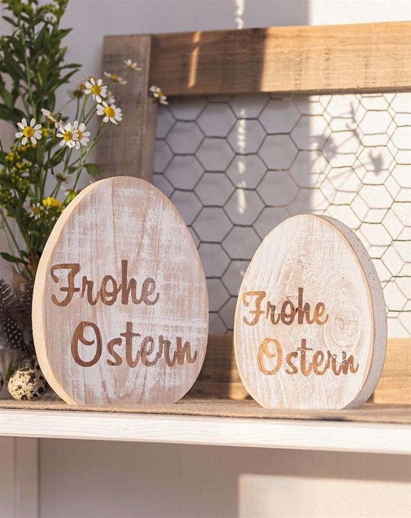 2x Deko-Ei "Frohe Ostern" aus Holz, weiß gekalkt, Dekofigur Osterei, 14 + 16 cm hoch, Osterdeko, Holzdeko