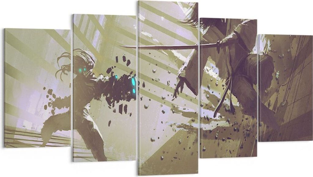 Bild auf Leinwand - Leinwandbild - Roboter Samurai Schwert Kämpfen - 160x85cm - Wand Bild - Wanddeko - Leinwanddruck - Bilder - Kunstdruck - Leinw...