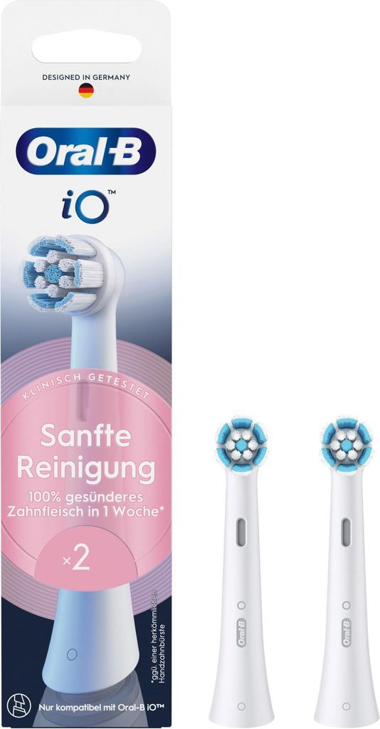 The image shows the packaging of Oral-B iO toothbrush heads, with two replacement heads displayed separately.