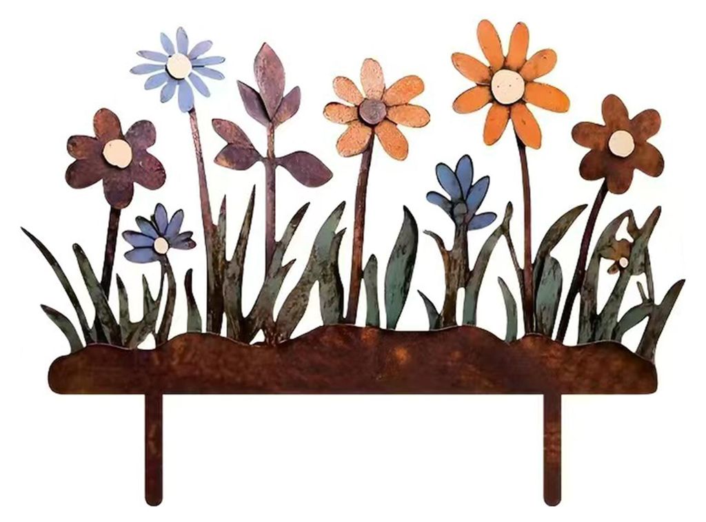 Rostiger Blumen-Gartenstecker, wetterfest, für drinnen und draußen, Garten, Rasen, Terrasse, Weg, Metall, Blumen-Silhouette, Ornament