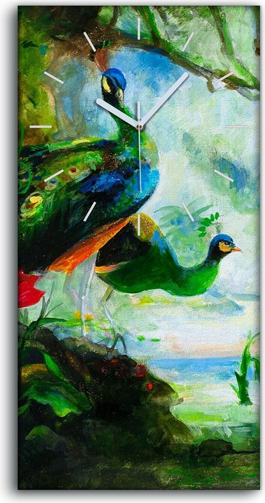 Dekor Leinwand Uhr Wandbilder 30x60 Malerei Wald Bäume Tier Pfau Kunst - weiße Hände