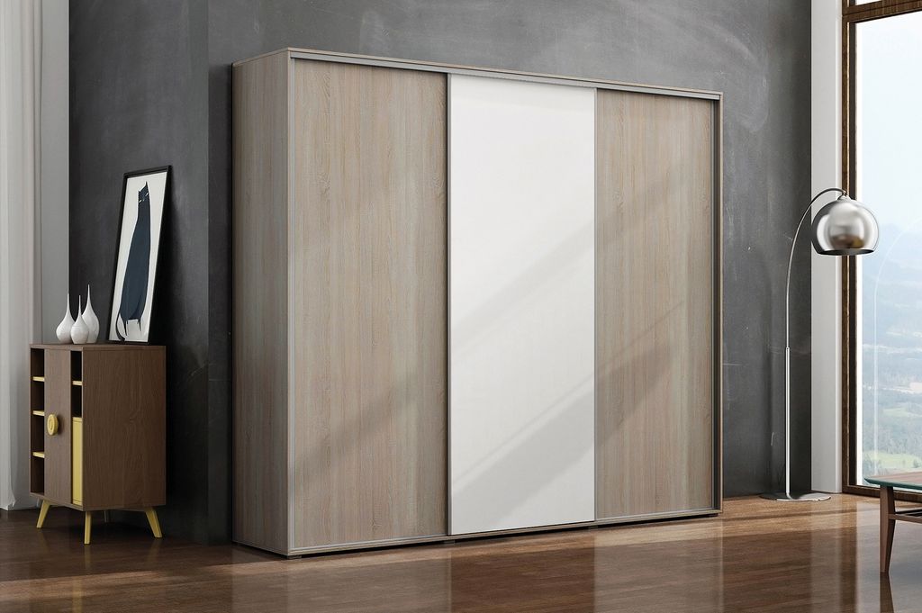 Dreitüriger Kleiderschrank 278/215 LEO – Sonoma-Eiche / Weiß / Sonoma-Eiche