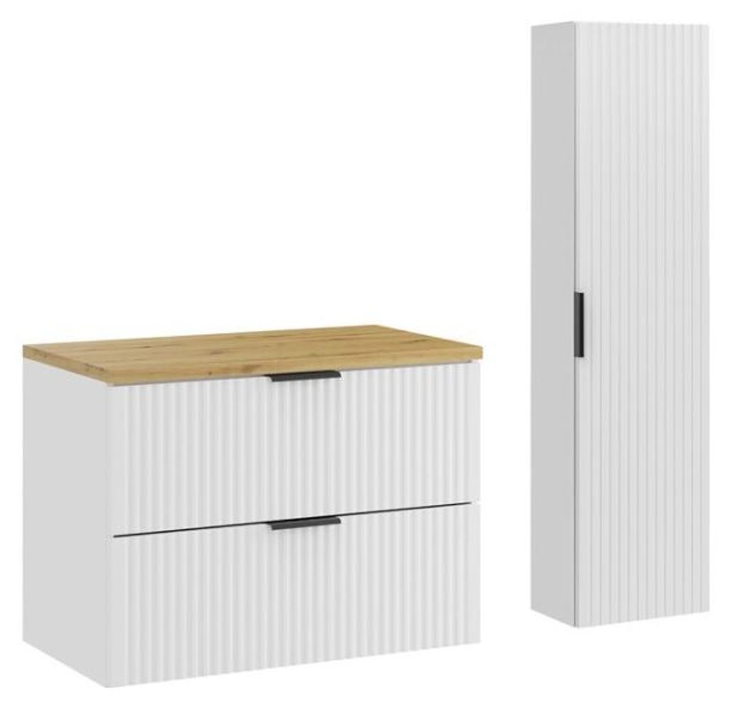 NOXERA 80 cm Badezimmer-Set – Alpinweißes hängendes Waschtischunterschrank mit Eichenholzplatte für das Waschbecken und Wandkolonne
