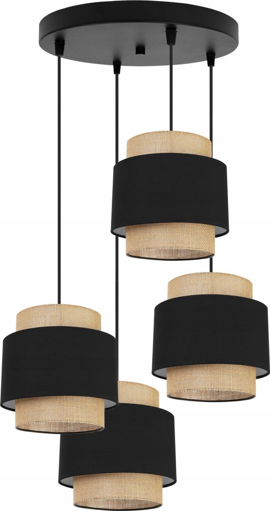 Boho Hängelampe - Deckenlampe - Pendelleuchte aus Metall mit Lampenschirm aus Stoff - E27 - 4-Flammig Oval - Schwarz und Jute