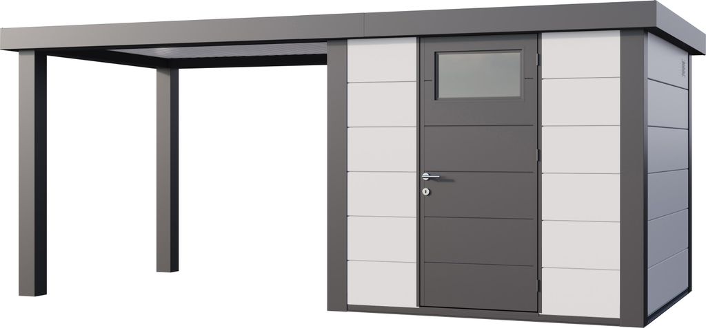 Telluria Metallgerätehaus Classico 2424 mit 280 cm Seitendach weiß Seitendach 280 cm links