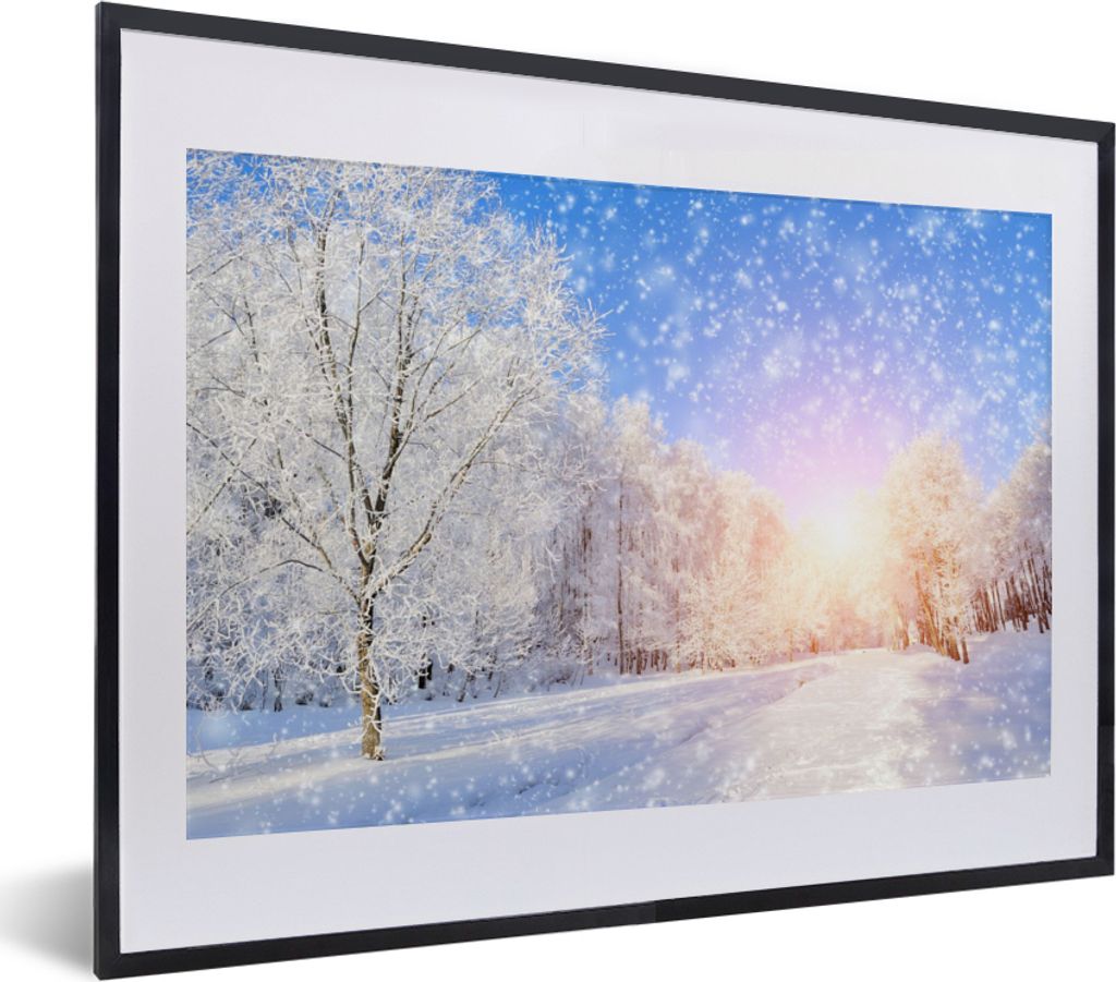 MuchoWow Gerahmtes Poster Schnee - Sonne - Winter 40x30 cm - Poster mit Schwarzem Bilderrahmen Wandposter Rahmen Foto Bilder - Bilderrahmen - Pos...