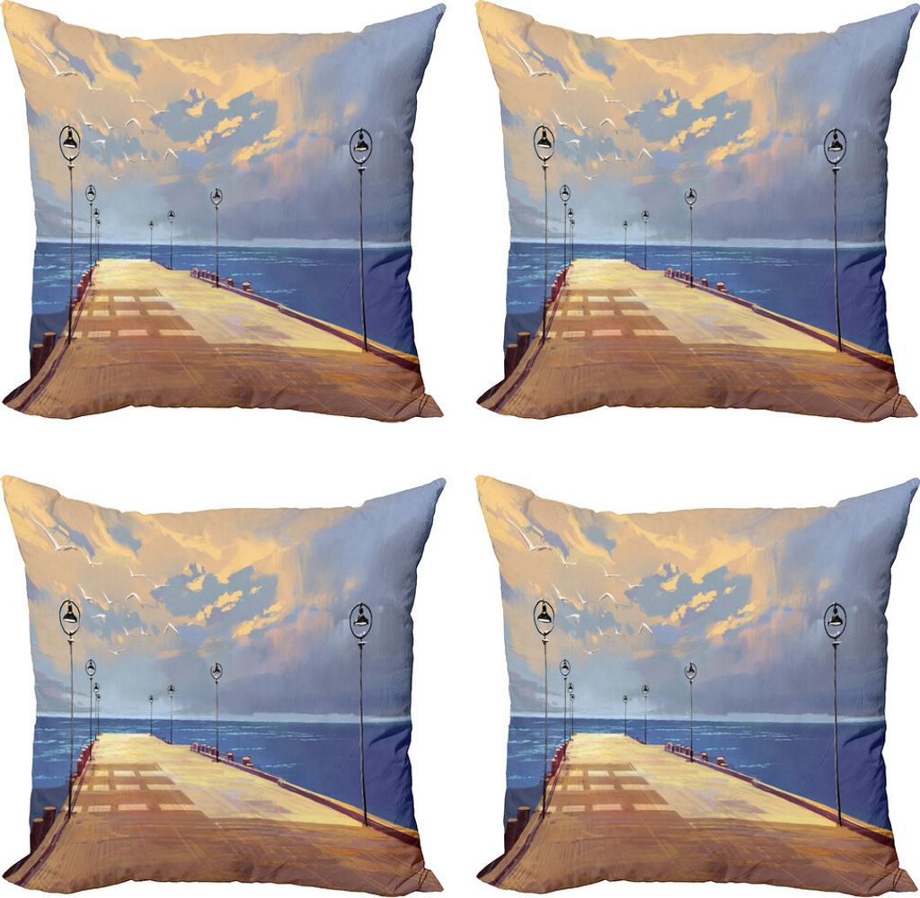 ABAKUHAUS Fantasie Kissenbezug Set (4 Stück), Brücke Pier Hafen Meer, Moderner Doppelseitiger Digitaldruck, 40 cm x 40 cm, Creme Blau