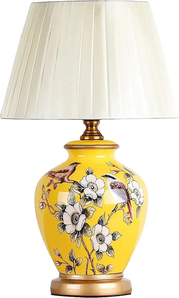 Lampe de Table Chinoise en Porcelaine Jaune à Motif Magnolia Fait Main