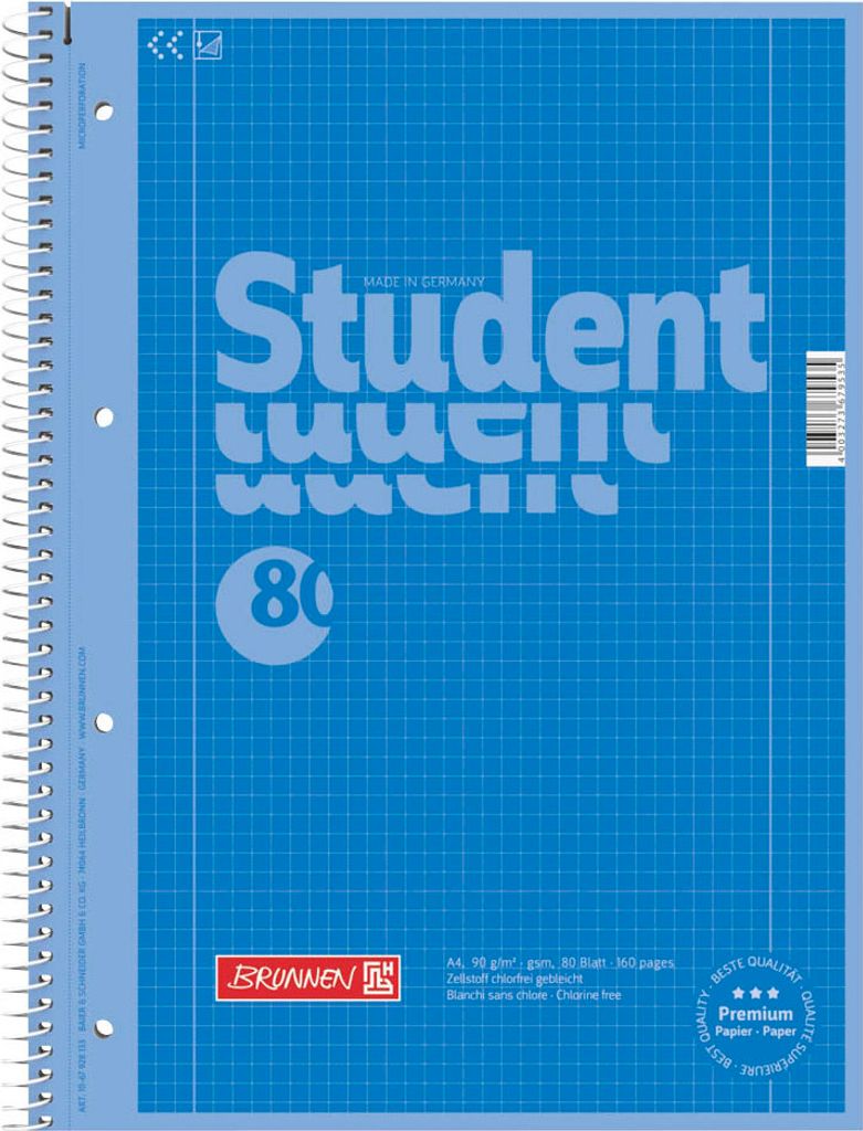 BRUNNEN Collegeblöcke Student Lineatur 28 kariert DIN A4 Innen- und Außenrand, 5 Blöcke