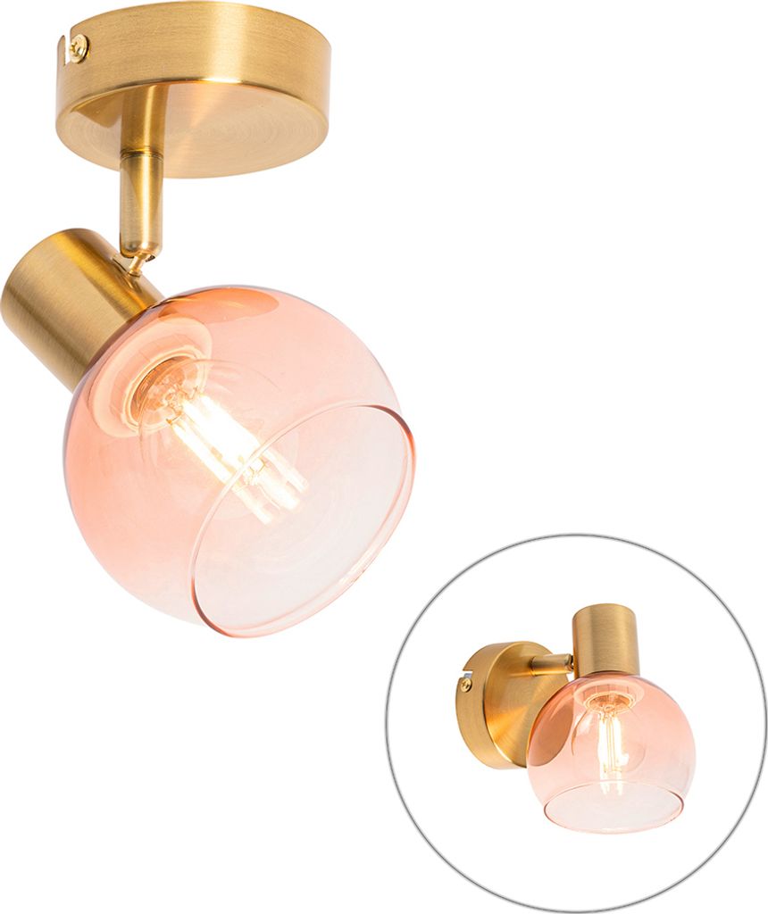 QAZQA - Art Deco Art Deco Wand Spot I Spotlight I Deckenspot I Deckenstrahler I Strahler I Lampe I Leuchte Gold I Messing mit rosa Glas - Vidro I W...