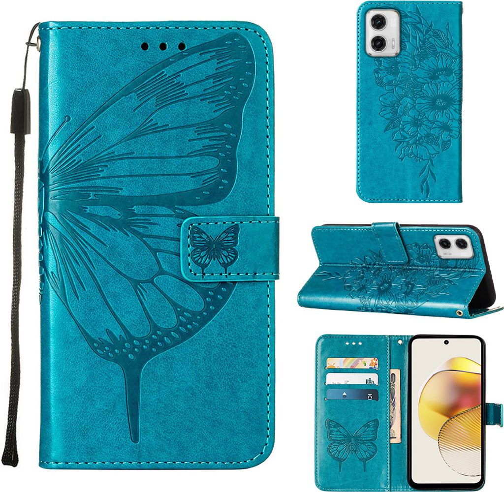 Lederhülle für Motorola Moto G73 Schmetterling Prägung Flip Ledertasche Kartenfächer Handyhülle mit Ständer Blau