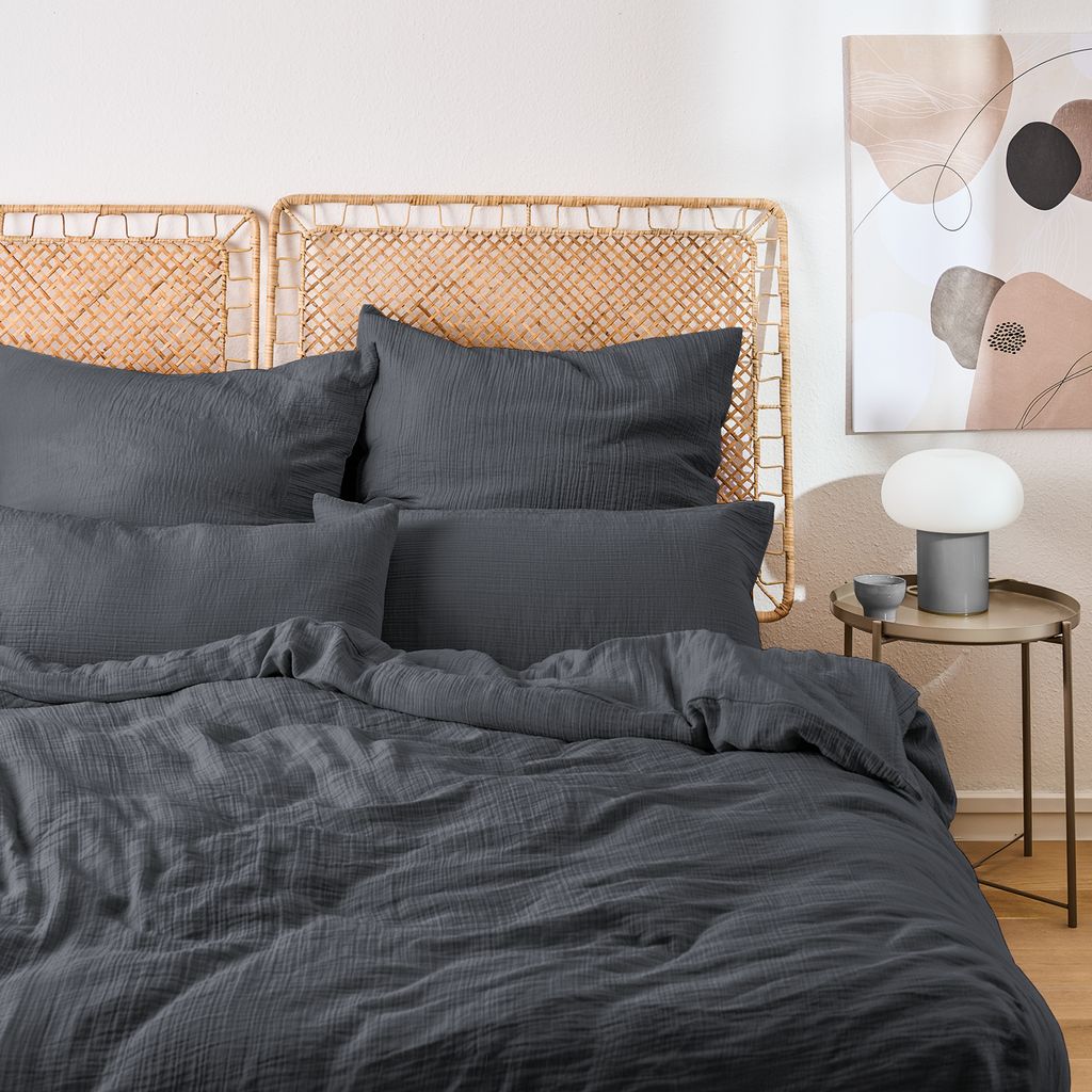 Blumtal Musselin Bettwäsche 155x220 cm - Bettbezug 155x220 + Kissenbezug 80x80 Anthrazit