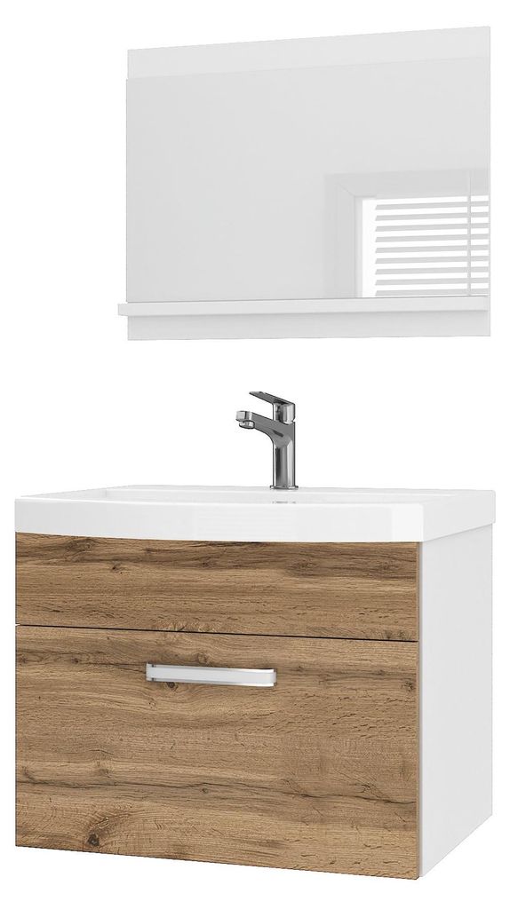 BELINI Badmöbel Set PRI M1 60 cm Goldbraun Matt - Moderner Badschrank mit Waschbecken & Spiegel, Vollausstattung Wandmontage