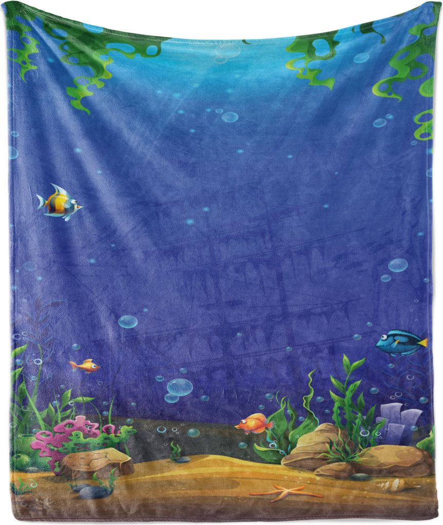 ABAKUHAUS Tiefsee Weich Flanell Fleece Decke, Cartoon Unterwasserwelt mit Sand Steine Fische und Sink Big Fish, 175 x 230 cm, Violet Blue Meh...