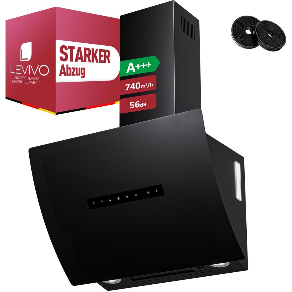 A black range hood with product information and accessories.
