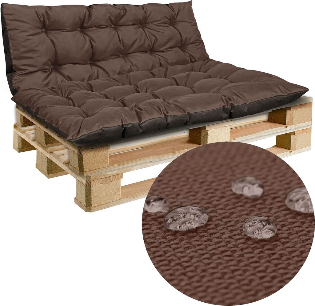 A brown pallet cushion set on a wooden pallet, with a close-up inset showing water droplets on the fabric.