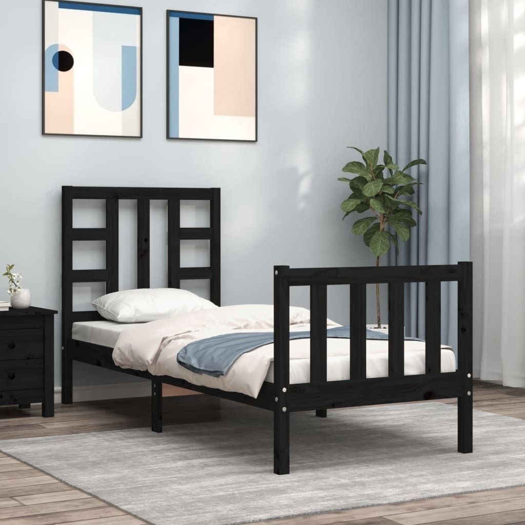 The Living Store Massivholzbett mit Kopfteil Schwarz