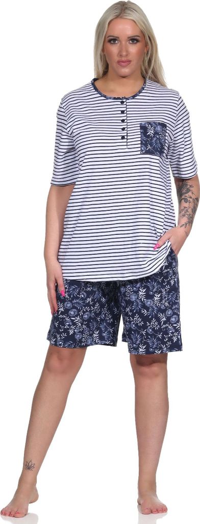 Damen Schlafanzug Shorty Pyjama kurzarm, Oberteil gestreift, Hose mit Blümchen ; weiss , 36-38