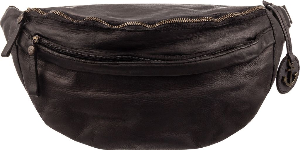 A black leather belt bag is shown against a white background.