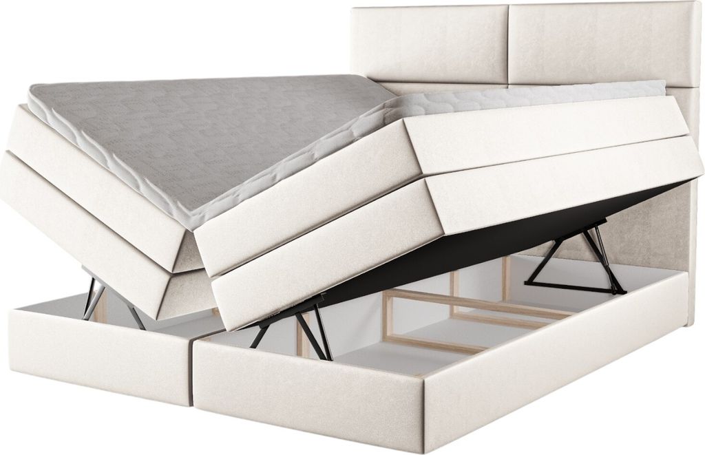Kontinentales Boxspringbett Gittan 140x200 – Polsterbett mit Bettkasten, 3 Matratzen, elegantes Stauraumbett, Boxspringbetten Samt Piano 01
