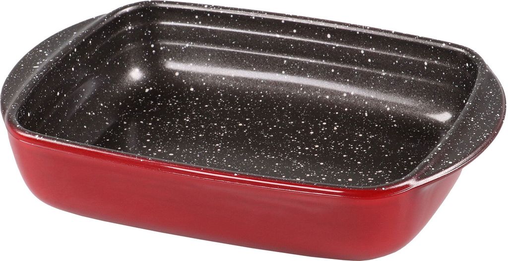 A red and black speckled baking dish.